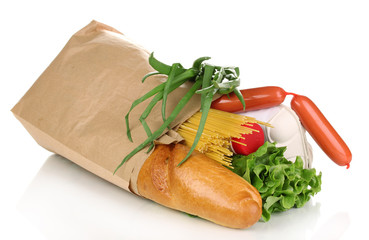 Paper bag with food isolated on white