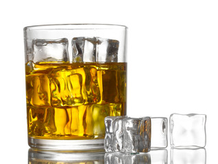 glass of whiskey and ice isolated on white