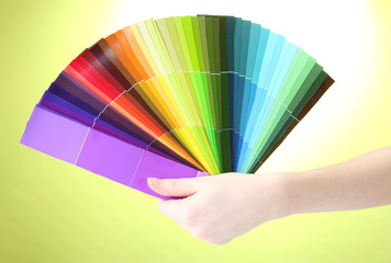 Fototapeta premium hand holding bright palette of colors on green background