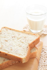 wheat bread and milk for breakfast with copy space