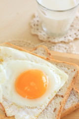 Sunny side up on bread with milk for breakfast image