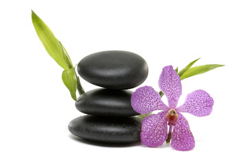Fototapeta na wymiar orchid and black Stones balanced stones with bamboo