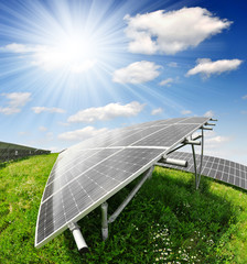 Solar energy panels against sunny sky - fisheye shot