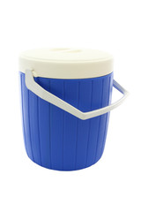 Blue round plastic cooler closed on white background.