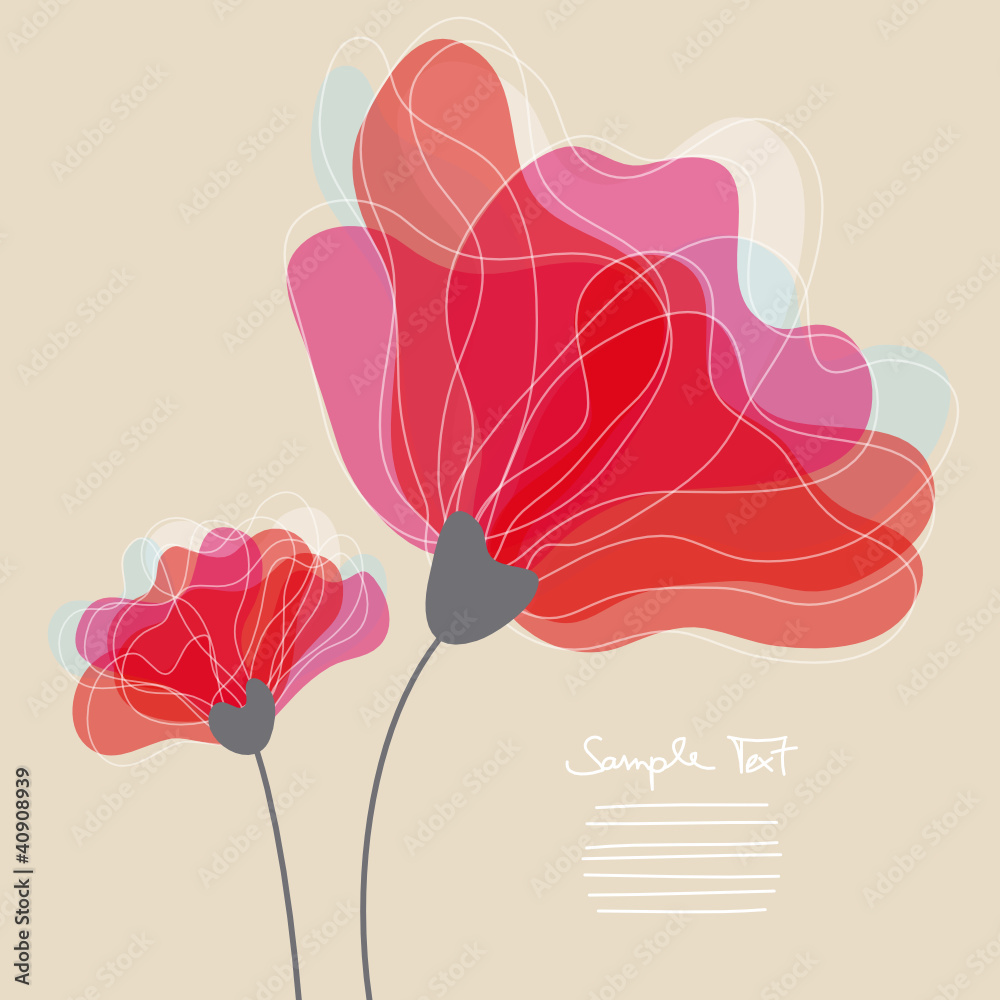 Poster Greeting Card Red Flowers Lines