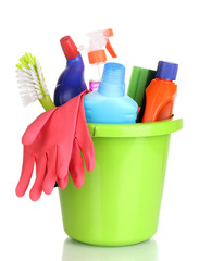 Cleaning items in bucket isolated on white