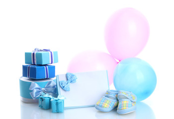 beautiful gifts, baby's bootees, blank postcard and balloons