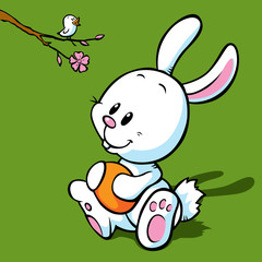 white easter bunny holding egg, looking at bird