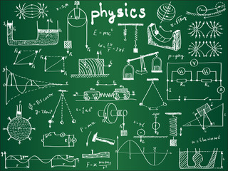 Physical formulas and phenomenons on school board - obrazy, fototapety, plakaty