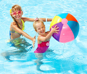 Children  swimming in pool.