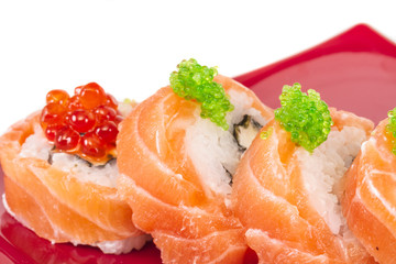Japanese sushi traditional japanese food.Roll made of salmon, re