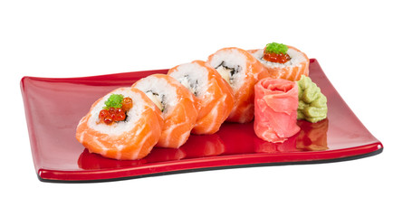 Japanese sushi traditional japanese food.Roll made of salmon, re