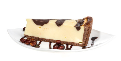 cheesecake with chocolate sauce.
