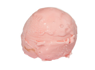 Scoop of strawberry ice cream from top on white background