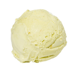 Scoop of pistachio ice cream from top on white background