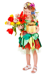Child with spring flower and gift box.