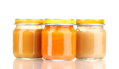 Jars of baby puree isolated on white