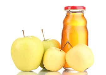 Sweet apples and apple juice isolated on white