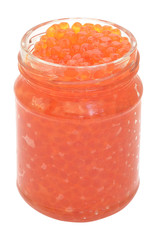 Open glass jar with red caviar