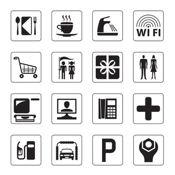 Gas station, mall and motel icons set