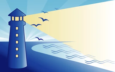 Fototapete Vögel, Bienen Coast Lighthouse in der Morgendämmerung, Küstenmeerlandschaft.