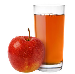 red apple with juice isolated on white