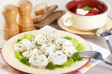 Traditional Russian cuisine. Pelmeni and borscht