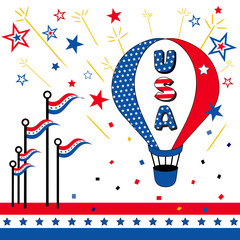 USA, Stars and Stripes, hot air balloon, flags, fireworks