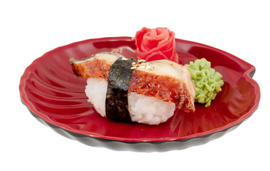 Eel sushi. Isolated over white.
