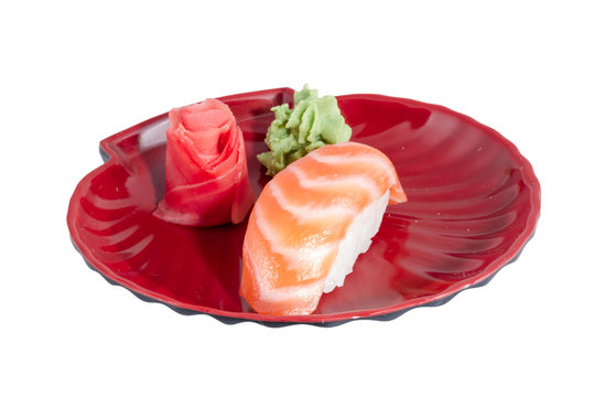 studio shoot of japanese sushi vaki with salmon on white backgro