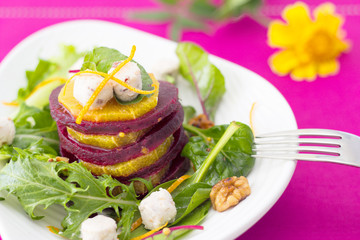 Beetroot and orange salad with goat cheese and walnuts