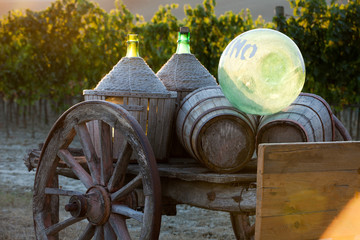 A cart loaded with wine bottles