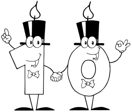 Outlined Number Ten Candles Cartoon Character