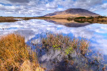 Connemara scenery of mountains reflected in lake, Ireland