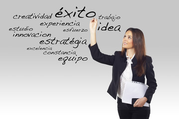 beautiful businesswoman writing business spanish words