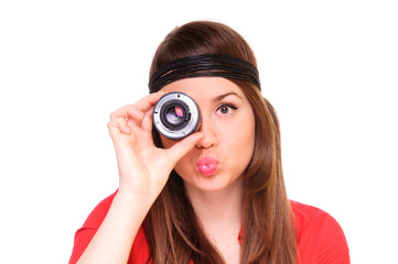 young woman with a lens