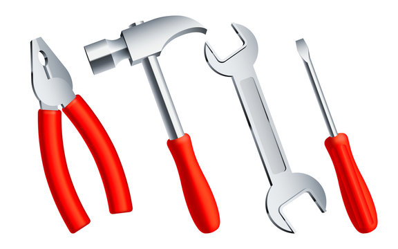 Set of 4 construction tools with red handles.