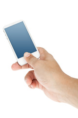 Hand holding and touch smart phone with blank screen