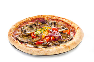 vegetarian pizza with vegetables on white background