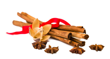 Composition of spices with cinnamon sticks isolated on white