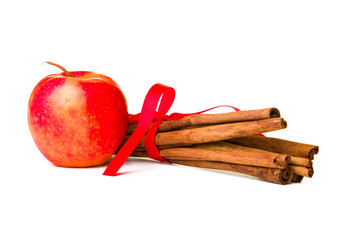 Composition of spices with cinnamon sticks isolated on white