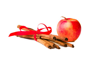 Composition of spices with cinnamon sticks isolated on white