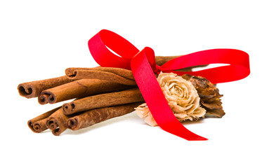 Composition of spices with cinnamon sticks isolated on white