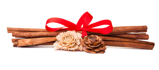 Composition of spices with cinnamon sticks isolated on white