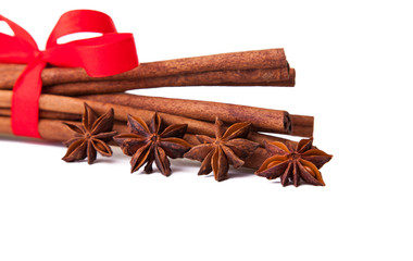 Composition of spices with cinnamon sticks isolated on white