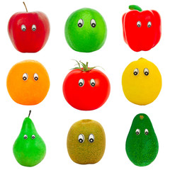 Collage from the isolated fruit and vegetables with eyes