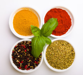 Colorful spices in white pods isolated on white