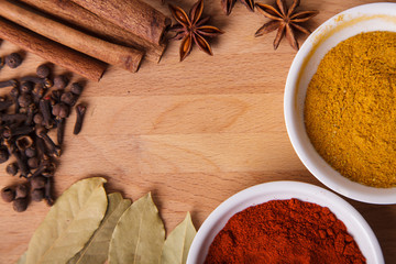 Frame composition of spices on wood,anise,cinnamon,laurel