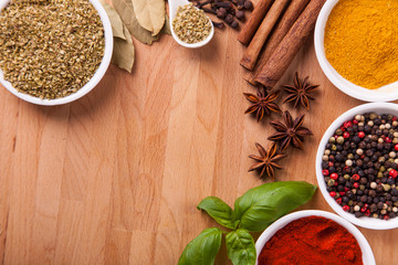 Frame composition of spices on wood,anise,cinnamon,laurel