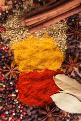Closeup of spices composition, anise, cinnamon, paprica, curry,